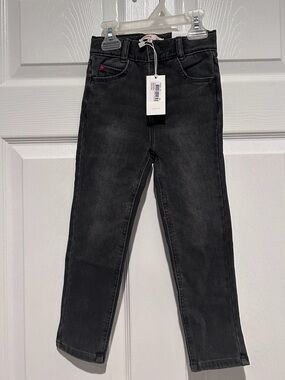 NWT Catimini Girls Sz 5 Skinny Black Denim Jeans Embroidered Hearts Adjustable